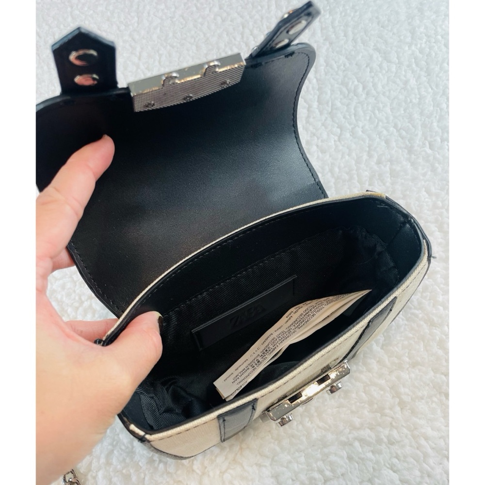 ZARA • Black/Cream Faux Leather and Canvas Studded Mini Chainlink Crossbody Bag - Picture 11 of 16